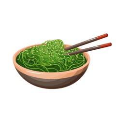 Chuka, wakame or kombu, vegan Japanese seaweed food vector illustration. Cartoon isolated chopsticks, bowl with green kelp salad and sesame, healthy organic vegetarian ingredient for Japan cuisine - obrazy, fototapety, plakaty
