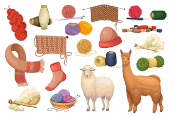 Wool knitting set vector illustration. Cartoon isolated woolen balls and reels, rolls and threads of yarn, tools to knit handmade warm knitwear and knitted scarf and hat, fluffy alpaka lama and sheep © setory