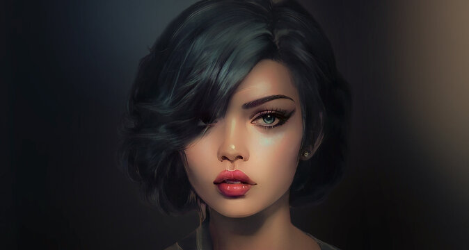 Portrait of a beautiful young girl with dark hair. Close-up, female face, beauty, sketch. New world. Dark background. Young woman. 3D illustration.