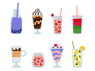 Summer drinks collection. Fruit or berry beverages in glass, bottle or jug. Cartoon juice and lemonade, milkshakes, iced latte.