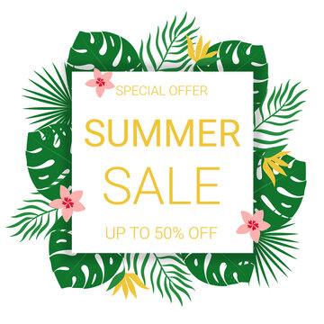 Summer sale banner template with tropical leaves and flowers. Template for social media, flyer and poster