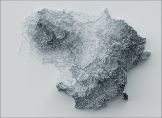 Shaded relief map with vertical exaggeration of Lithuania. Created using Shuttle Radar Topography Mission (SRTM) free elevation data from NASA using 3D software. - 512140570