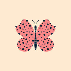 Pink butterfly hand drawn vector illustration. Isolated adorable moth in flat style for kids logo or icon.