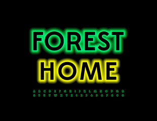 Vector neon Emblem Forest Home. Bright glowing Font. Electric Alphabet Letters and Numbers set 