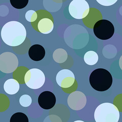 Abstract geometric seamless pattern Delicate pastel color circles of different sizes isolated on a grey blue background, retro style