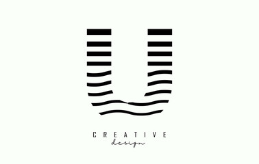 Letter U logo design with black lines. Vector illustration with wavy lines.