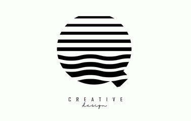 Letter Q logo design with black lines. Vector illustration with wavy lines.