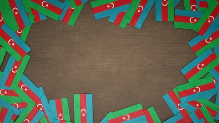 Frame made of paper flags of Azerbaijan arranged on wooden table. National celebration concept. 3D illustration