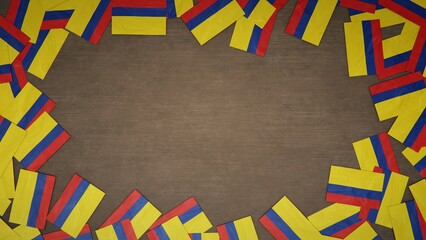 Frame made of paper flags of Colombia arranged on wooden table. National celebration concept. 3D illustration