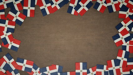 Frame made of paper flags of the Dominican Republic arranged on wooden table. National celebration concept. 3D illustration