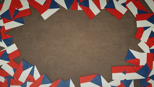 Frame made of paper flags of Czech Republic arranged on wooden table. National celebration concept. 3D illustration