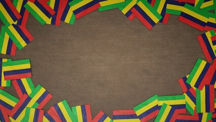 Frame made of paper flags of Mauritius arranged on wooden table. National celebration concept. 3D illustration