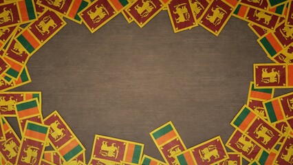 Frame made of paper flags of Sri Lanka arranged on wooden table. National celebration concept. 3D illustration