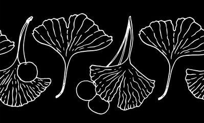 seamless horizontal banner made of leaves and berries of the medicinal tree Ginkgo Biloba. hand-drawn sketch-style rough contour pattern of lines on black horizontal long strip for packaging