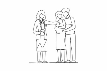 Continuous one line drawing prenatal medicine. Cute pregnant woman with husband and female doctor. Medical worker in uniform. Consultation, recommendations of physician. Single line draw design vector