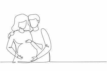 Single continuous line drawing flat illustration about pregnancy and partner birth. Young pregnant woman with husband. Man takes care and hugs his wife. Dynamic one line draw graphic design vector