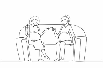 Single one line drawing two girls are sitting on couch. They drink tea, talk, share secrets. Friends, neighbors, young ladies. Cozy evening with hot drink. Continuous line draw design graphic vector