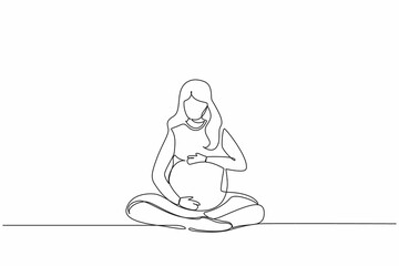 Continuous one line drawing happy young pregnant woman sitting with crossed legs at home and looking at her belly. Future mom expecting baby caressing her tummy. Single line draw design vector graphic