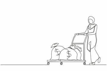 Single continuous line drawing Arabian businesswoman push cart with money bags. Reward or profit concept. Woman employee with salary. Investor carries money to startup. One line graphic design vector