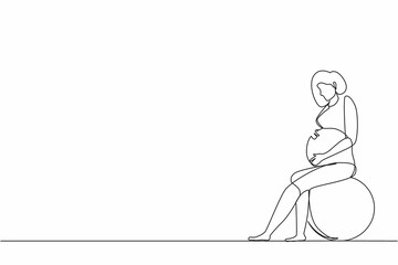Single continuous line drawing pregnant woman sits on fitball. Sport training for women. Healthy lifestyle. Pregnant fitness girl. Fitness for pregnant women. Dynamic one line design graphic vector