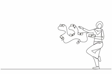Continuous one line drawing happy Arab businesswoman millionaire throw out pile of money banknotes flying into the air. Success and wealthy fortune entrepreneur. Single line draw design vector graphic
