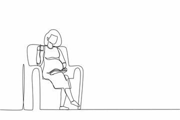 Single continuous line drawing pregnant young woman sitting on sofa, reading book and drinking tea. Cozy evening with hot drink. Outside the winter. One line draw graphic design vector illustration