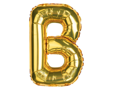 English Alphabet Letters. Letter B. Yellow Gold foil helium balloon. Good for party, birthday, greeting card, events, advertising. High resolution photo. Isolated on white background.