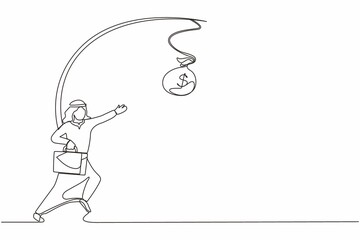Single one line drawing oblivious Arabian businessman chasing bag of money. Artwork illustration depicts foolishness, stupidity, unawareness, decoy. Continuous line design graphic vector illustration