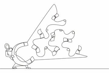Single one line drawing Arabian businesswoman using big magnet to attract money. Making money, successful business idea, financial success, gain, and profit. Continuous line draw design graphic vector