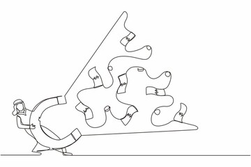 Single continuous line drawing Arab businessman using big magnet to attract money. Making money, successful business idea, financial success, gain, and profit. One line draw design vector illustration