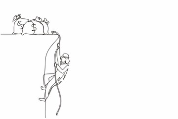 Single continuous line drawing Arabian businessman doing rope climbing towards money bag. Climber hanging on rope and pulling himself on top of rocky mountain wall. One line draw graphic design vector