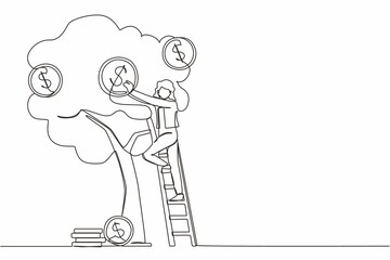 Continuous one line drawing businesswoman picking dollars from money tree. Money plant. Business growth, financial success concept. Investment, banking income. Single line draw design vector graphic