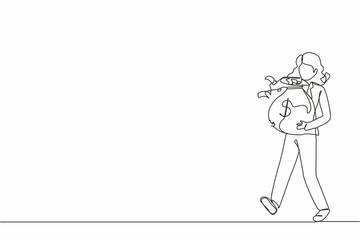 Obraz na płótnie Canvas Single continuous line drawing happy businesswoman walking and carrying big heavy sack full of cash money. Green banknotes flying out of bag with dollar sign on it. One line draw graphic design vector