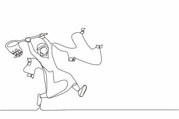 Continuous one line drawing Arab businessman trying to catch flying money with butterfly net. Running entrepreneur man using business opportunity to scoop dollar bills. Single line draw design vector