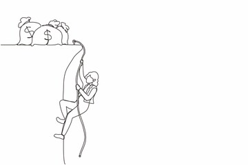 Single continuous line drawing active businesswoman doing rope climbing towards money bag. Climber hanging on rope, pulling himself on top of rocky mountain wall. One line draw graphic design vector