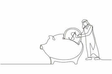 Single one line drawing Arabian businessman putting dollar coin into piggy bank. Money savings, personal investment, finance, funding, bank deposit, capital accumulation. Continuous line design vector