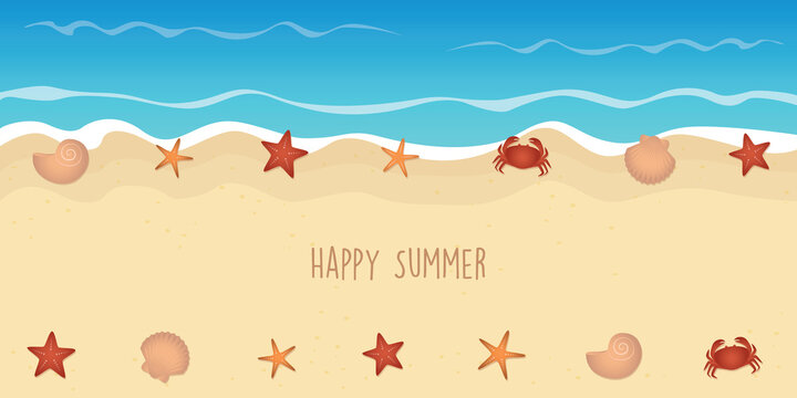 happy summer holiday marine background with shell starfish crab