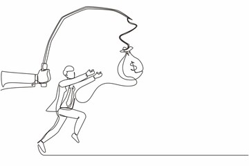 Single one line drawing hand with fishing pole and money bag control greedy businessman under hypnosis. Man running after dangling money bag and trying to catch it. Continuous line draw design vector