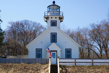 TRAVERSE CITY, MICHIGAN, UNITED STATES - 16 May 2018: Exterior view of Mission Point Lighthouse in Northern Michigan