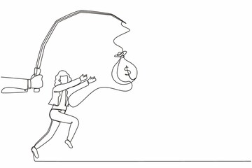 Single continuous line drawing hand with fishing pole and money bag control greedy businesswoman under hypnosis. Woman running after dangling money bag, trying to catch it. One line draw design vector