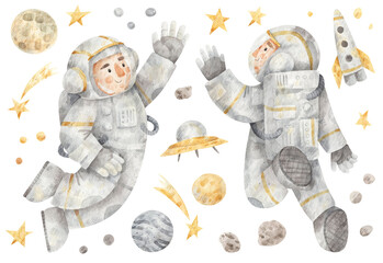 Watercolor set of astronauts in space, stars and planets. Hand-drawn children illustration of spaceman in cosmos. 