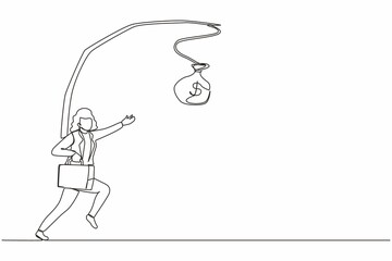 Continuous one line drawing oblivious businesswoman chasing bag of money. Artwork illustration depicts foolishness, stupidity, unawareness, decoy. Single line draw design vector graphic illustration