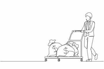 Continuous one line drawing businessman push cart with money bags. Reward or profit concept. Man employee with salary. Investor carries money to startup. Single line design vector graphic illustration