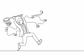 Single continuous line drawing businessman trying to catch flying money with butterfly net. Happy running entrepreneur man using business opportunity to scoop dollar bills. One line draw design vector