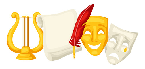 Background with traditional theatre symbols. Illustration for theatrical performance.
