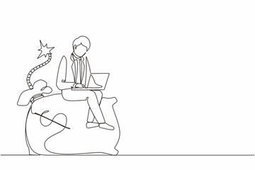 Continuous one line drawing sweating businessman sitting on huge bomb with burning fuse and money bag. Financial problems, taxation burden or business debt, deadline. Single line draw design vector
