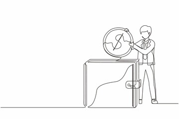 Single one line drawing businessman putting dollar coin into big wallet. Concept of direct payment, paying by cash, money transfer, personal financial transaction. Continuous line draw design vector