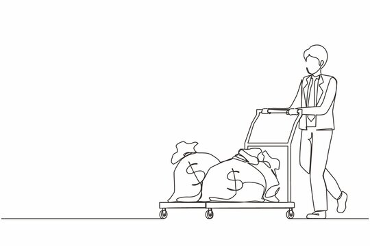 recommend clip art: Continuous one line drawing businessman push cart with money bags. Reward or profit concept. Man employee with salary. Investor carries money to startup. Single line design vector graphic illustration