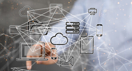 abstract lines with dots over dark background.