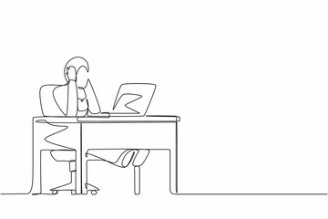 Single continuous line drawing tired office worker woman. Arabian female work at laptop feeling bad. Hold her head. Headache sick, exhausted, stressed, depression. One line draw graphic design vector